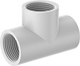 Image of Product. Female. Front orientation. Pipe and Fittings. Standard-Wall Plastic Pipe Fittings for Water, Tee Connectors, Threaded Fitting Connection, Female.