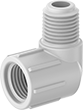 Image of Product. NPT Female × NPT Male. Front orientation. Pipe and Fittings. Standard-Wall Plastic Pipe Fittings for Water, 90° Elbow Adapters, Male, Female, Threaded Fitting Connection.