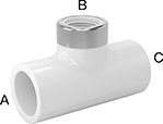 Image of Product. Female. Front orientation. Contains Annotated. Pipe and Fittings. Standard-Wall Plastic Pipe Fittings for Water, Inline Tee Reducing Adapters with Collar, Cement-Socket Fitting Connection, Female, Threaded Fitting Connection.