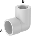 Image of Product. Female × Female. Front orientation. Contains Annotated. Pipe and Fittings. Standard-Wall Plastic Pipe Fittings for Water, 90° Elbow Reducing Adapters, Threaded Fitting Connection, Female, Cement-Socket Fitting Connection.