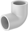 Image of Product. Cement Socket Female × NPT/BSPT Female. Front orientation. Pipe and Fittings. Standard-Wall Plastic Pipe Fittings for Water, 90° Elbow Adapters, Threaded Fitting Connection, Female, Cement-Socket Fitting Connection.