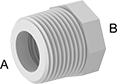 Image of Product. NPT Male × NPT Female. Front orientation. Contains Annotated. Pipe and Fittings. Standard-Wall Plastic Pipe Fittings for Water, Bushing Straight Reducing Adapters, Male, Threaded Fitting Connection, Female, Hex Body.