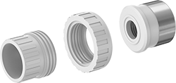 Image of Product. Front. Front orientation. Pipe and Fittings. Standard-Wall Plastic Pipe Fittings for Water, Union Straight Adapters with Collar, Female, Threaded Fitting Connection, Cement-Socket Fitting Connection.