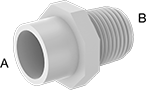 Image of Product. Female × Male. Front orientation. Contains Annotated. Pipe and Fittings. Standard-Wall Plastic Pipe Fittings for Water, Straight Reducing Adapters, Male, Female, Threaded Fitting Connection, Cement-Socket Fitting Connection, Hex Body.