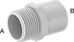 Image of Product. NPT Male × Cement Socket Female. Front orientation. Contains Annotated. Pipe and Fittings. Standard-Wall Plastic Pipe Fittings for Water, Bushing Straight Reducing Adapters, Female, Cement-Socket Fitting Connection, Threaded Fitting Connection, Male, Hex Body.
