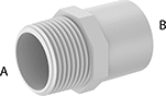 Image of Product. BSPT Male × Cement Socket Female. Front orientation. Contains Annotated. Pipe and Fittings. Standard-Wall Plastic Pipe Fittings for Water, Bushing Straight Reducing Adapters, Female, Cement-Socket Fitting Connection, Threaded Fitting Connection, Male, Hex Body.