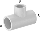 Image of Product. Female. Front orientation. Contains Annotated. Pipe and Fittings. Standard-Wall Plastic Pipe Fittings for Water, Inline Tee Reducing Adapters, Cement-Socket Fitting Connection, Threaded Fitting Connection, Female.