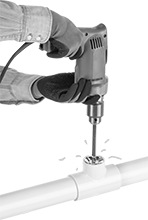 Image of ProductInUse. Step 2: Drill to remove existing pipe.. Front orientation. Screw, Pipe, and Stud Extractors. Nonmarring Plastic Pipe Extractors.