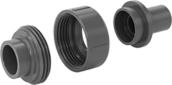 Image of Product. Front orientation. Exploded view. Pipe and Fittings. Thick-Wall Plastic Pipe Fittings for Water, Union Straight Adapters, Cement Socket Female × Cement Socket Male.