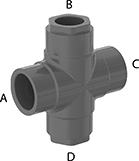 Image of Product. Cement Socket Female. Front orientation. Contains Annotated. Pipe and Fittings. Thick-Wall Plastic Pipe Fittings for Water, Cross Reducers, Cement Socket Female × Cement Socket Female × Cement Socket Female × Cement Socket Female.