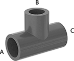 Image of Product. Cement Socket Female. Front orientation. Contains Annotated. Pipe and Fittings. Thick-Wall Plastic Pipe Fittings for Water, Inline Tee Reducers, Cement Socket Female × Cement Socket Female × Cement Socket Female.