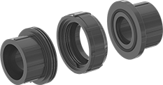 Image of Product. Cement Socket Female. Front orientation. Exploded view. Pipe and Fittings. Thick-Wall Plastic Pipe Fittings for Water, Union Straight Connectors, Cement Socket Female.