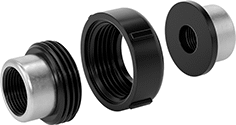 Image of Product. Threaded Socket Female. Front orientation. Exploded view. Pipe and Fittings. Thick-Wall Plastic Pipe Fittings for Water, Union Straight Connectors with Collar, Threaded Fitting Connection, Female.