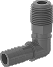 Image of Product. Male × Male. Front orientation. Pipe and Fittings. Polypropylene Barbed Pipe Fittings for Chemicals, 90° Elbow Adapters, Threaded Fitting Connection, Clamp-on-Barbed Fitting Connection, Male.