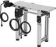 Image of ProductInUse. Conveyor Shown with Two Stands and Cross Brace. Front orientation. Conveyors. Illuminated Ready-To-Run Mini Belt Conveyors.