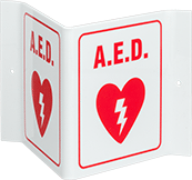 Image of Product. Front orientation. Signs. Flange-Mount First-Aid Signs, AED (English)—Three-Way View.