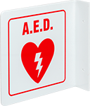 Image of Product. Front orientation. Signs. Flange-Mount First-Aid Signs, AED (English)—Two-Way View.