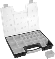 Image of Product. Front orientation. Organizer Boxes. Compartmented Organizer Boxes with Handle and Removable Bin Cups.