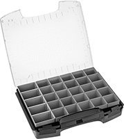 Image of Product. Front orientation. Organizer Boxes. Compartmented Organizer Boxes with Handle and Removable Bin Cups.