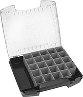 Image of Product. Front orientation. Organizer Boxes. Compartmented Organizer Boxes with Handle and Removable Bin Cups.
