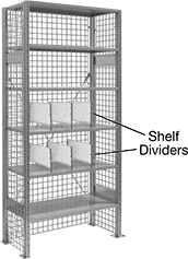 Image of System. Complete Unit Shown with Shelf Dividers. Front orientation. Contains Annotated. Shelving. Heavy Duty Quick-Assembly Shelving.
