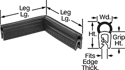 Image of Product. Front orientation. Contains Annotated, MultipleImages. Edge Seals. Water- and Weather-Resistant Push-On Edge Seals for Corners with Bulb on Top.