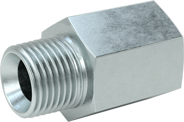 Image of Product. Back orientation. Compact Extreme-Pressure Steel Pipe Fitting, Straight Adapter, 1/2 NPT Female x 1/2 BSPT Male.