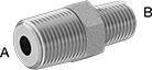 Image of Product. Male x Male. Front orientation. Contains Annotated. Pipe and Fittings. Extreme-Pressure Iron and Steel Threaded Pipe Fittings, Straight Reducing Adapters, Male, Threaded Fitting Connection, Hex Body.