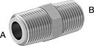 Image of Product. Male × Male. Front orientation. Contains Annotated. Pipe and Fittings. High-Pressure Iron and Steel Threaded Pipe Fittings, Straight Adapters, Male, Threaded Fitting Connection, Hex Body.