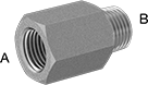 Image of Product. Female x Male. Front orientation. Contains Annotated. Pipe and Fittings. Extreme-Pressure Iron and Steel Threaded Pipe Fittings, Straight Adapters, Threaded Fitting Connection, Female, Male, Hex Body.
