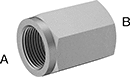 Image of Product. Female x Female. Front orientation. Contains Annotated. Pipe and Fittings. Extreme-Pressure Iron and Steel Threaded Pipe Fittings, Straight Adapters, Female, Threaded Fitting Connection, Hex Body.