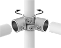 Image of ProductInUse. Front orientation. Exploded view. Contains Annotated. Slip-On Framing and Fittings. Galvanized Iron and Steel Slip-On Framing and Fittings, Through-Hole Connectors, Adjustable Angle Four-Way Elbow.