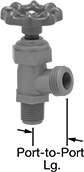 Image of Product. Male × Male. Front orientation. Contains Annotated. Flow-Adjustment Valves. Plastic Threaded Flow-Adjustment Valves with Garden Hose Outlet, 70° Elbow, NPT Thread, Male.