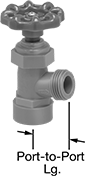 Image of Product. Female × Male. Front orientation. Contains Annotated. Flow-Adjustment Valves. Plastic Threaded Flow-Adjustment Valves with Garden Hose Outlet, 70° Elbow, Female, Male, NPT Thread.