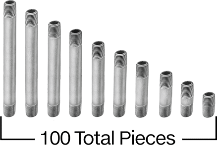 Image of Product. Front orientation. Contains Annotated. Standard-Wall Stainless Steel Threaded Pipe Nipple and Pipe Assortment, Type 304/304L, 3/4 NPT Male, 100 Pieces.