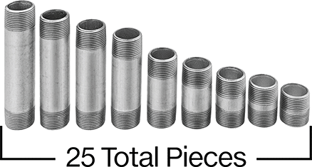Image of Product. Front orientation. Contains Annotated. Standard-Wall Stainless Steel Threaded Pipe Nipple and Pipe Assortment, Type 316/316L, 1-1/2 NPT Male, 25 Pieces.