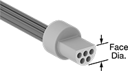 Image of Product. Front orientation. Contains Annotated. Micro 360 Connectors. Push-In Miniaturized Micro 360 Connectors, Plugs with Wire Lead Connection, Half-Round Face.
