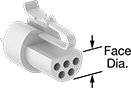 Image of Product. Front orientation. Contains Annotated. Micro 360 Connectors. Push-In Miniaturized Micro 360 Connectors, Plugs with Solder Connection, Half-Round Face with Built-In Latch.