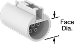 Image of Product. Front orientation. Contains Annotated. Micro 360 Connectors. Push-In Miniaturized Micro 360 Connectors, Sockets with Solder Connection, Half-Round Face with Built-In Latch.