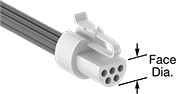 Image of Product. Front orientation. Contains Annotated. Micro 360 Connectors. Push-In Miniaturized Micro 360 Connectors, Plugs with Wire Lead Connection, Half-Round Face with Built-In Latch.