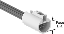 Image of Product. Front orientation. Contains Annotated. Micro 360 Connectors. Push-In Miniaturized Micro 360 Connectors, Sockets with Wire Lead Connection, Half-Round Face with Built-In Latch.