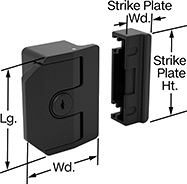 Image of Product. Front orientation. Contains Annotated. Push-to-Close Latches. Keyed Push-to-Close Locking Latches with Edge-Pull Handle for Sliding Doors.