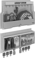 Image of Product. Front orientation. Lockouts. Wall-Mount Electrical and Valve Lockout Sets with Padlocks, Case.