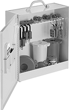 Image of Product. Front orientation. Lockouts. Wall-Mount Electrical and Valve Lockout Sets with Padlocks, Cabinet.