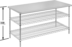 Image of Product. Front orientation. Contains Annotated. Tables. Stainless Steel Tables with Shelves, Style E, Stationary, Stainless Steel Shelf.