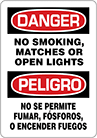 Image of Product. Front orientation. Signs. Hazardous Material Signs, Danger—No Smoking, Matches or Open Lights/Peligro—No Se Permite Fumar, Fosforos, O Encender Fuegos (English/Spanish).