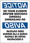 Image of Product. Front orientation. Signs. Reversed-Message Plant and Shipping Dock Signs, Notice—Wheels Must Be Chocked Before Loading or Unloading/Aviso—Debe Colocar Cunas A Las Ruedas Antes De Cargar O Descargar (English/Spanish).