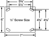 Image of Specification. Front orientation. Contains Annotated. Mounting Plate Style 1 . Extra-High-Capacity Brute Casters with Polyurethane Wheels.