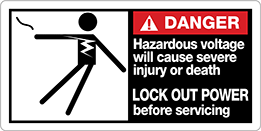 Image of Product. Front orientation. Labels. Conveyor Safety Labels , Danger—Hazardous Voltage Will Cause Severe Injury or Death—Lock Out Power Before Servicing, Horizontal Orientation.