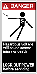 Image of Product. Front orientation. Labels. Conveyor Safety Labels , Danger—Hazardous Voltage Will Cause Severe Injury or Death—Lock Out Power Before Servicing, Vertical Orientation.